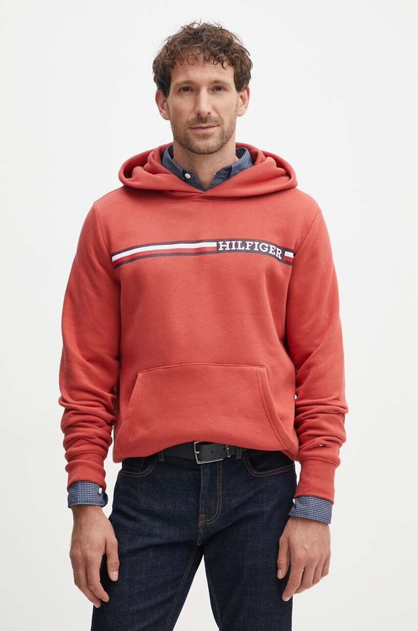 Levně Mikina Tommy Hilfiger pánská, červená barva, s kapucí, s potiskem, MW0MW36737