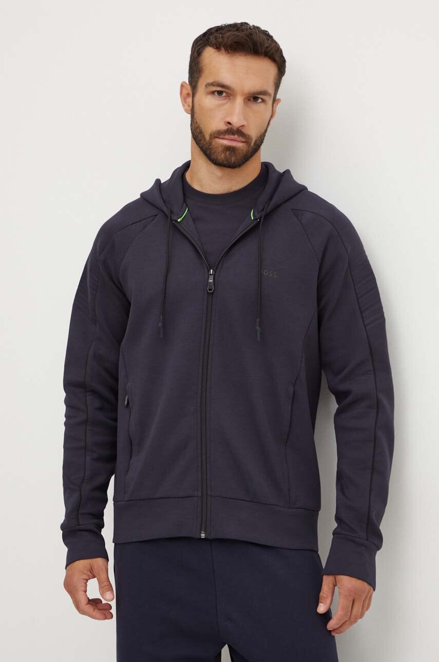 Boss Green bluza barbati, culoarea albastru marin, cu glugă, neted, 50518197