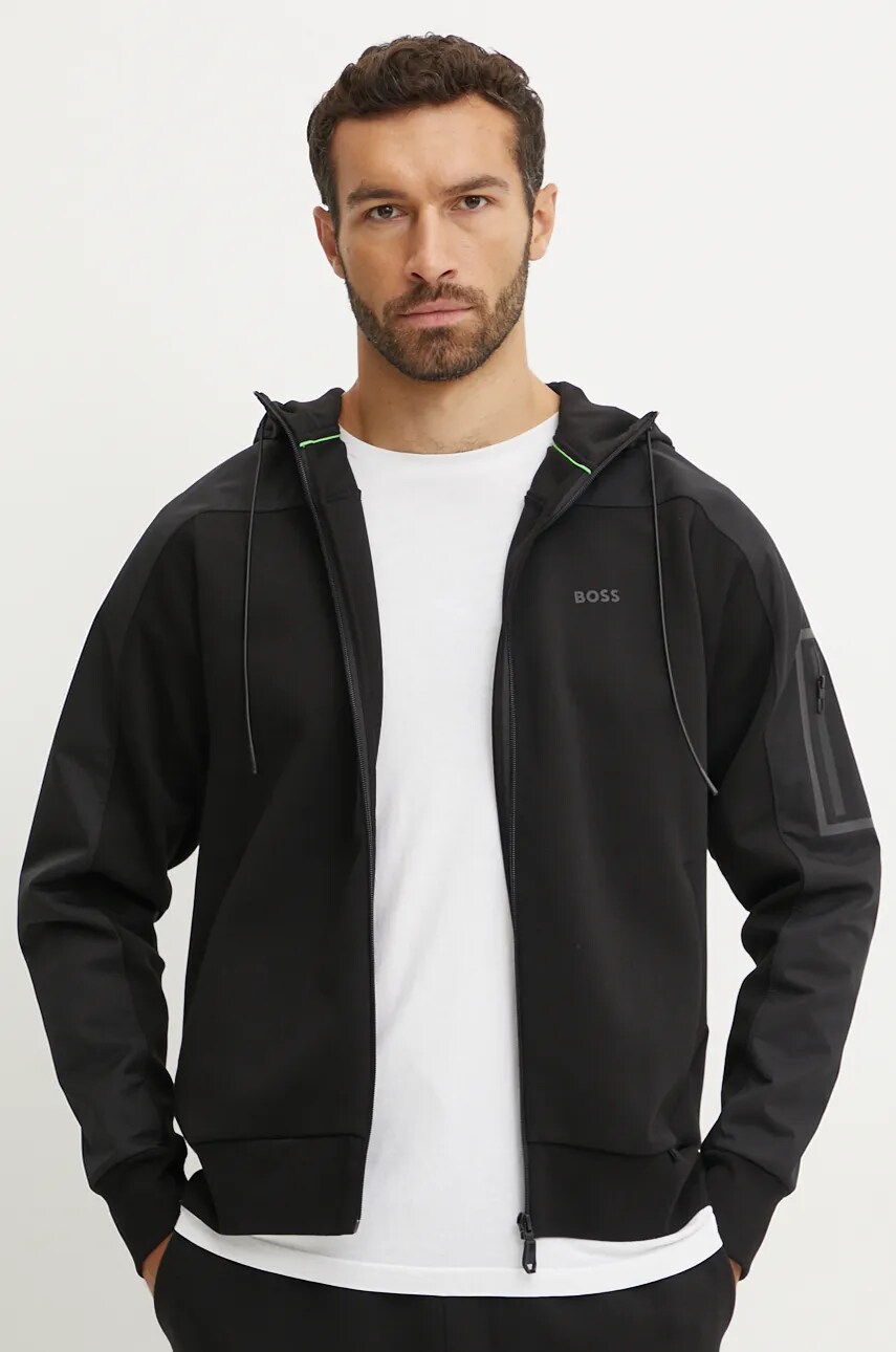 Boss Green bluza barbati, culoarea negru, cu glugă, neted, 50519019