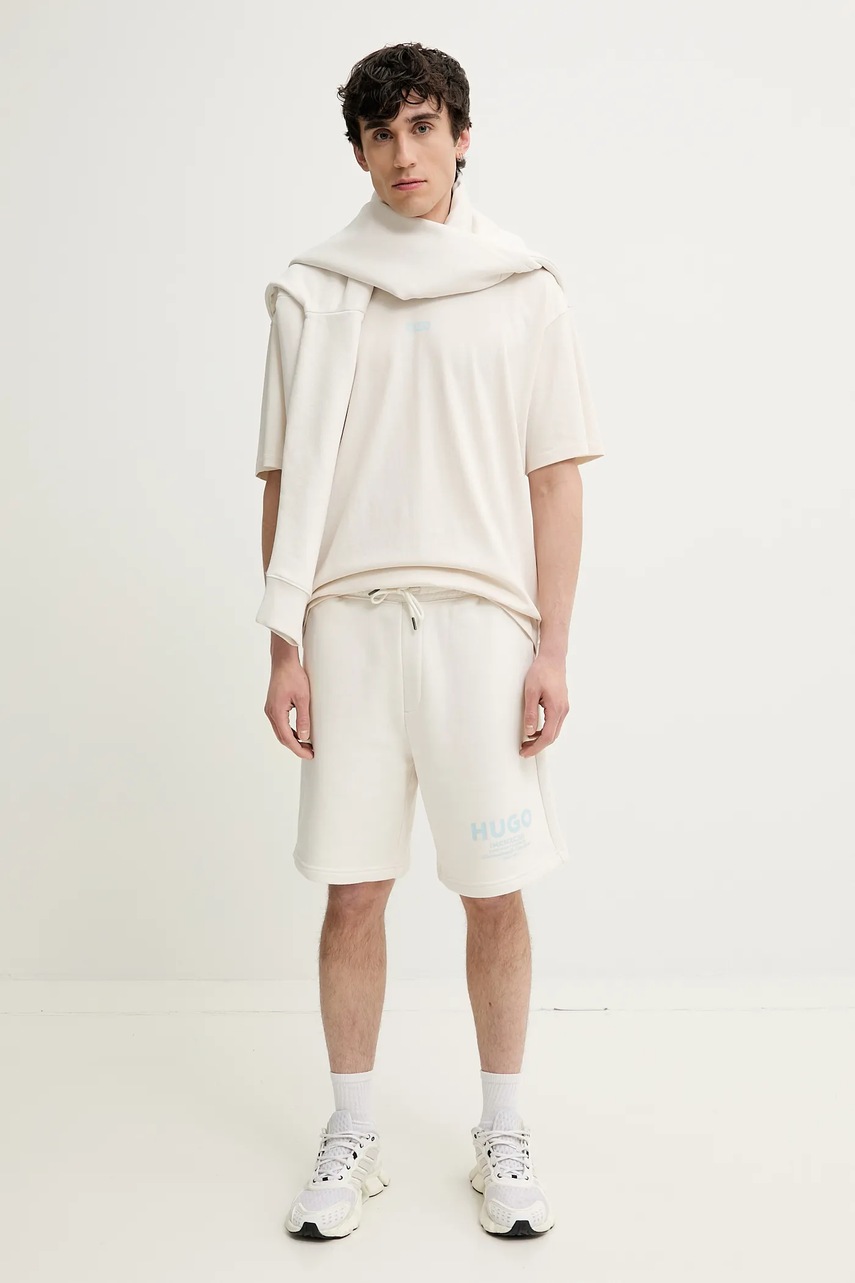 Хлопковая кофта Hugo Blue мужская цвет бежевый с капюшоном с принтом 50510724