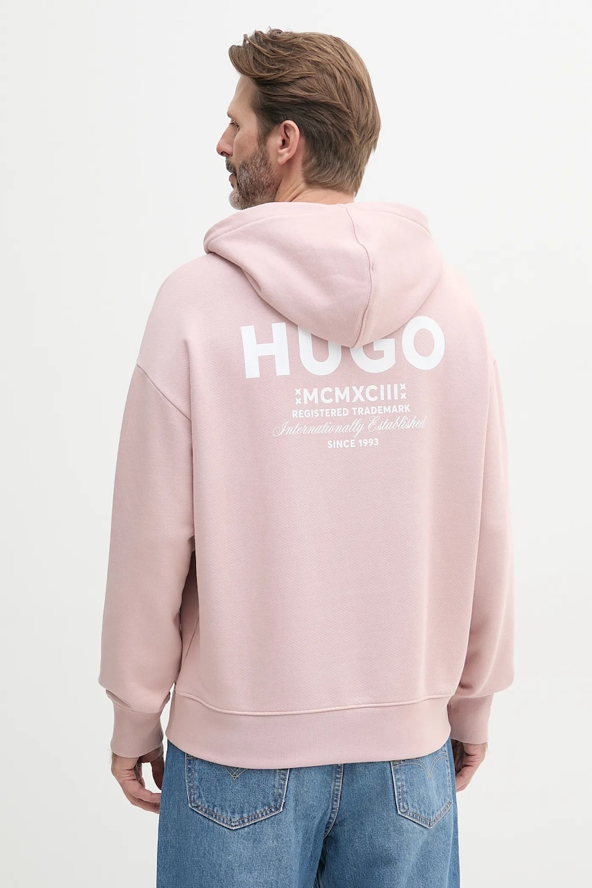 Levně Bavlněná mikina Hugo Blue pánská, růžová barva, s kapucí, s potiskem, 50510724