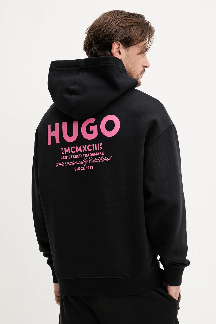 Hugo Blue hanorac de bumbac barbati, culoarea negru, cu glugă, cu imprimeu, 50510724