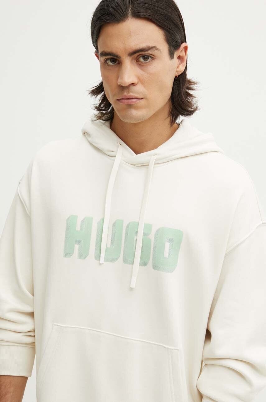 HUGO hanorac de bumbac barbati, culoarea bej, cu gluga, cu imprimeu, 50516655