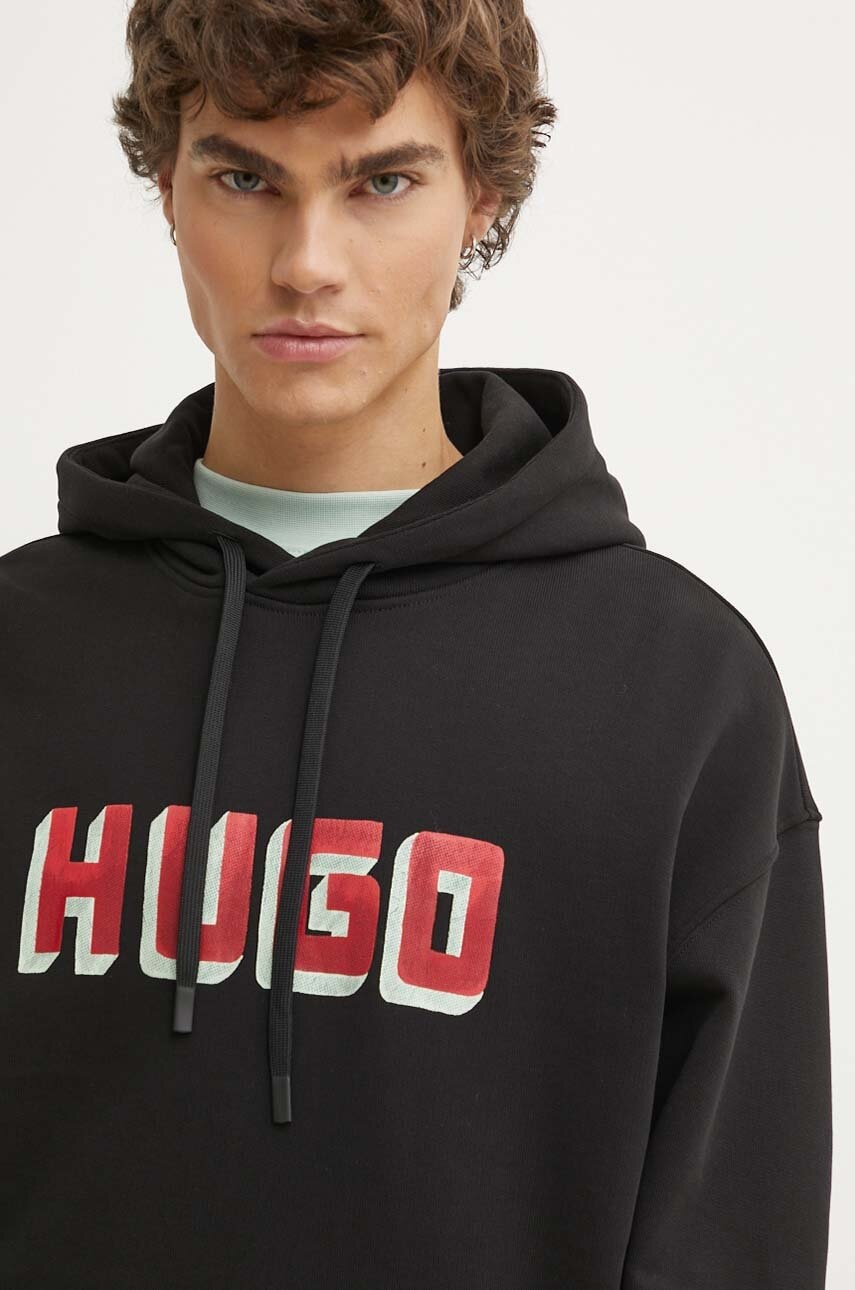 HUGO hanorac de bumbac barbati, culoarea negru, cu gluga, cu imprimeu, 50516655