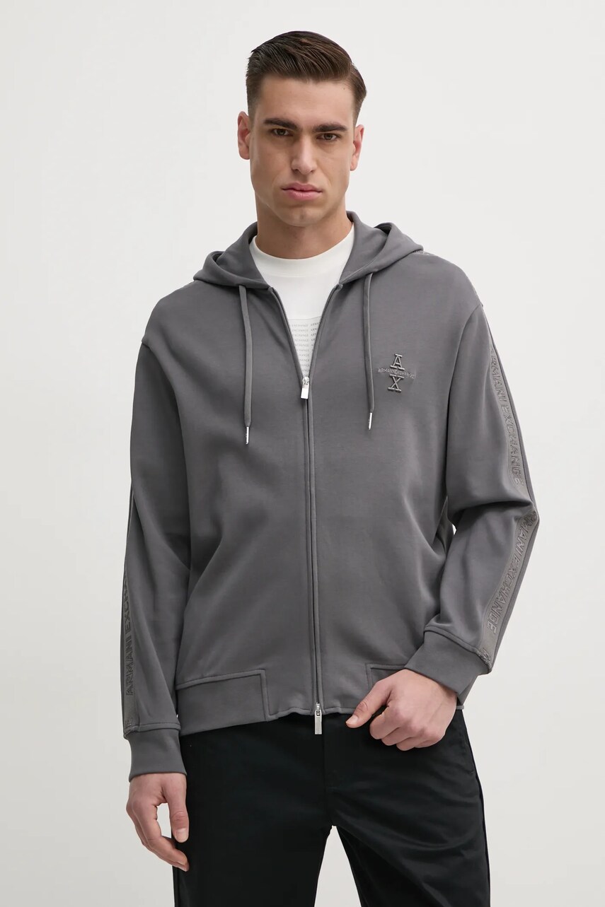 Levně Mikina Armani Exchange pánská, šedá barva, s kapucí, s aplikací, 6DZMLC ZJNNZ