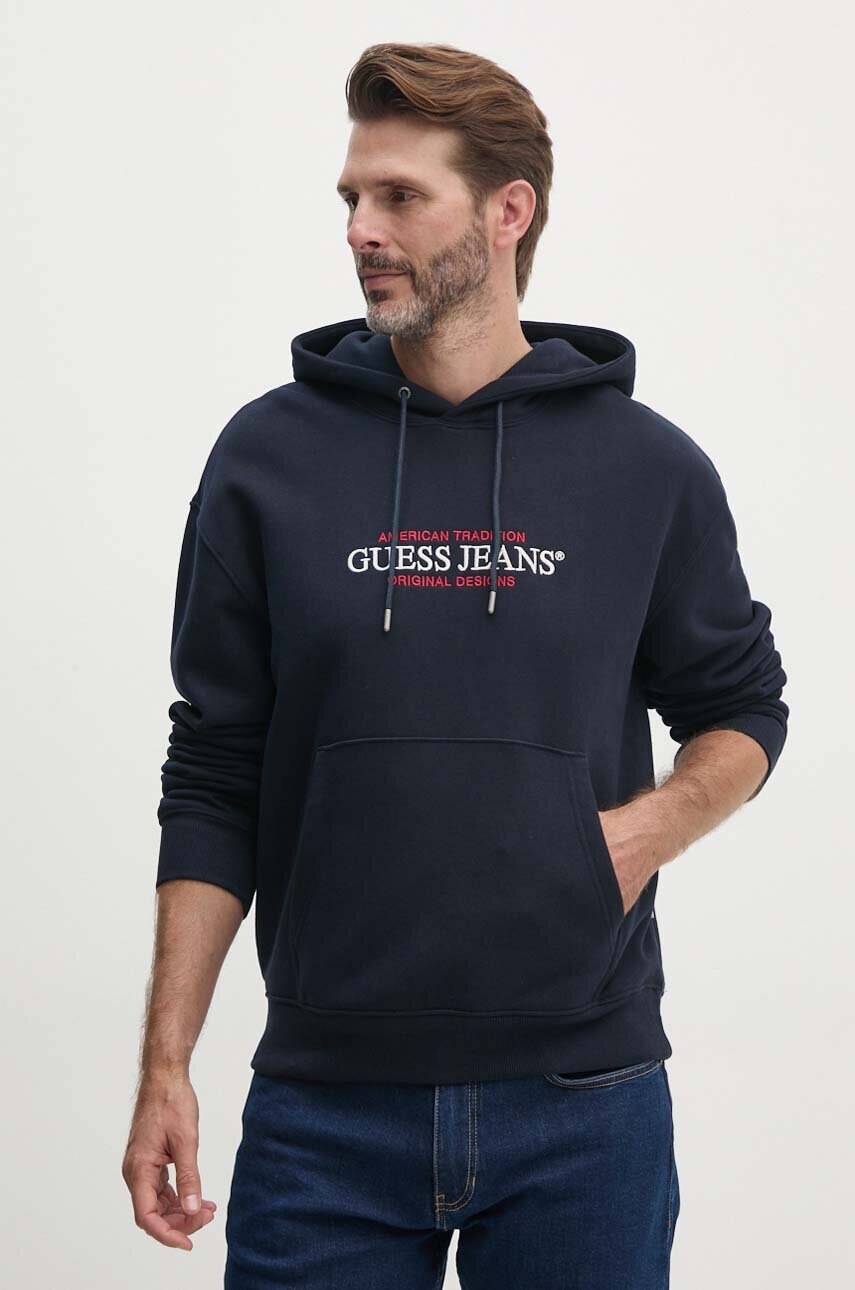Levně Mikina Guess Jeans pánská, tmavomodrá barva, s kapucí, s aplikací, M4YQ23 K9V31