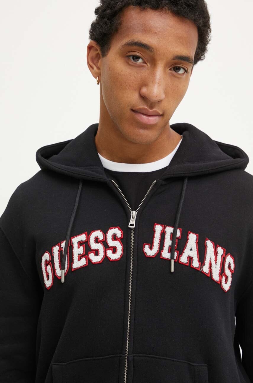 Levně Mikina Guess Jeans pánská, černá barva, s kapucí, s aplikací, M4YQ26 K9V31
