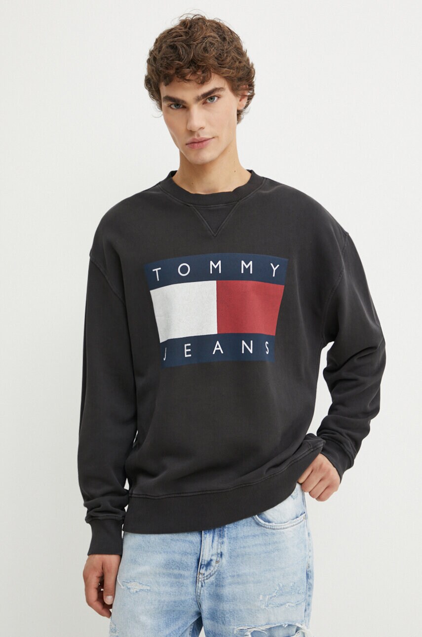 Tommy Jeans hanorac de bumbac barbati, culoarea gri, cu imprimeu, DM0DM19222
