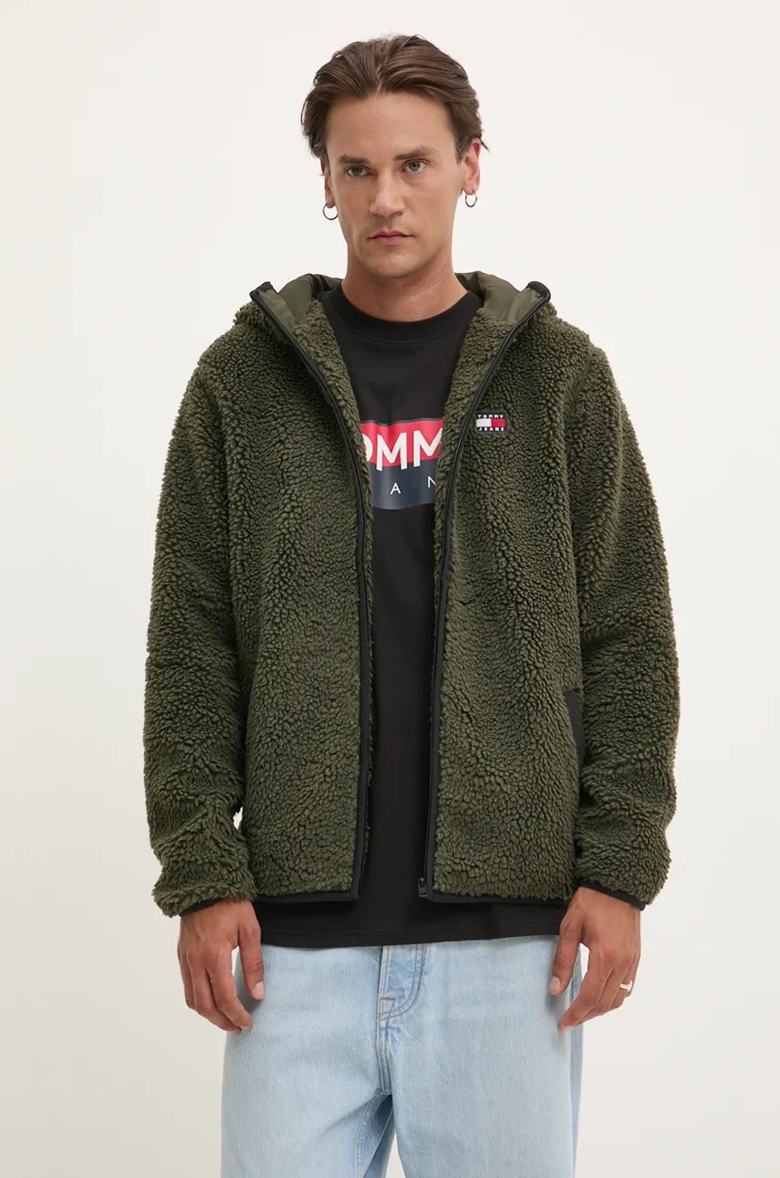 

Поларен суичър Tommy Jeans в зелено с качулка с апликация DM0DM19224, Зелен