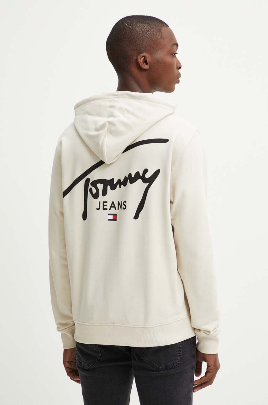 

Памучен суичър Tommy Jeans в бежово с качулка с принт DM0DM19229, Бежов