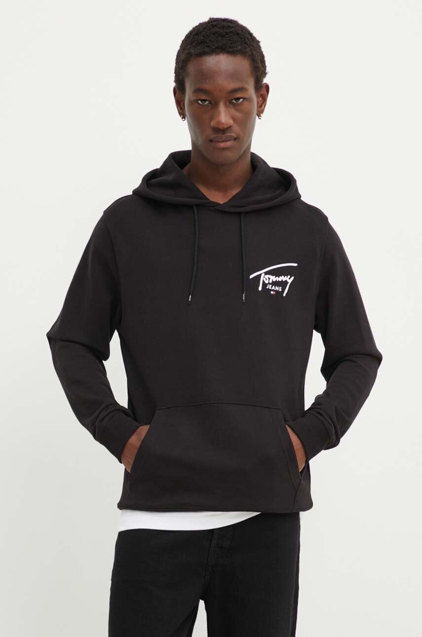 Tommy Jeans hanorac de bumbac barbati, culoarea negru, cu glugă, cu imprimeu, DM0DM19229