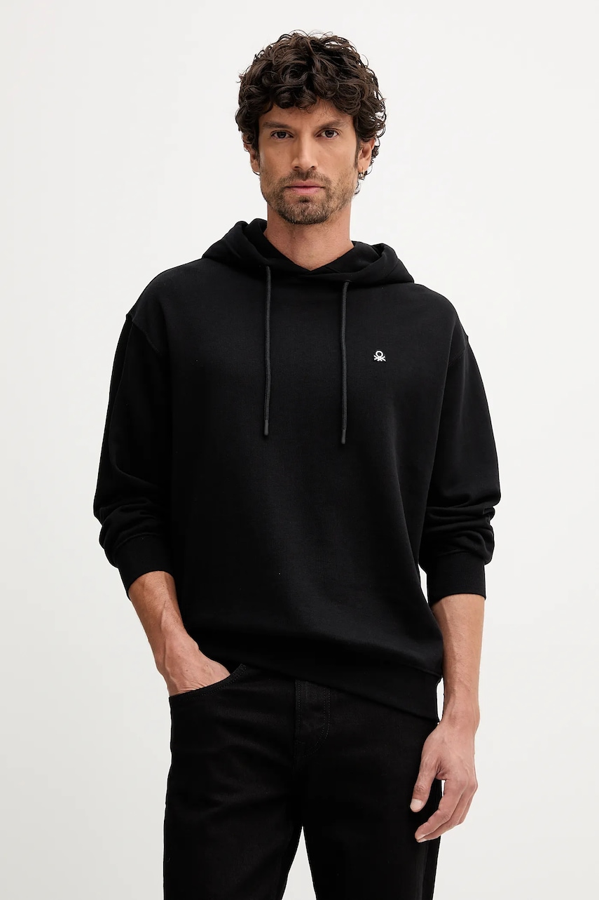 United Colors of Benetton hanorac de bumbac culoarea negru, cu gluga, uni, 342ZU201K