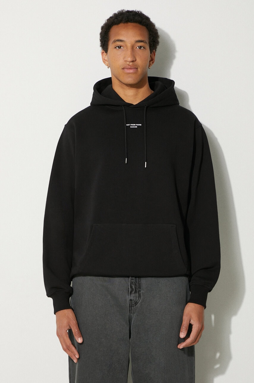 Drôle de Monsieur hanorac de bumbac Le Hoodie Slogan a Poche Classique barbati, culoarea negru, cu glugă, neted, PERM-HO161-CO127-BL