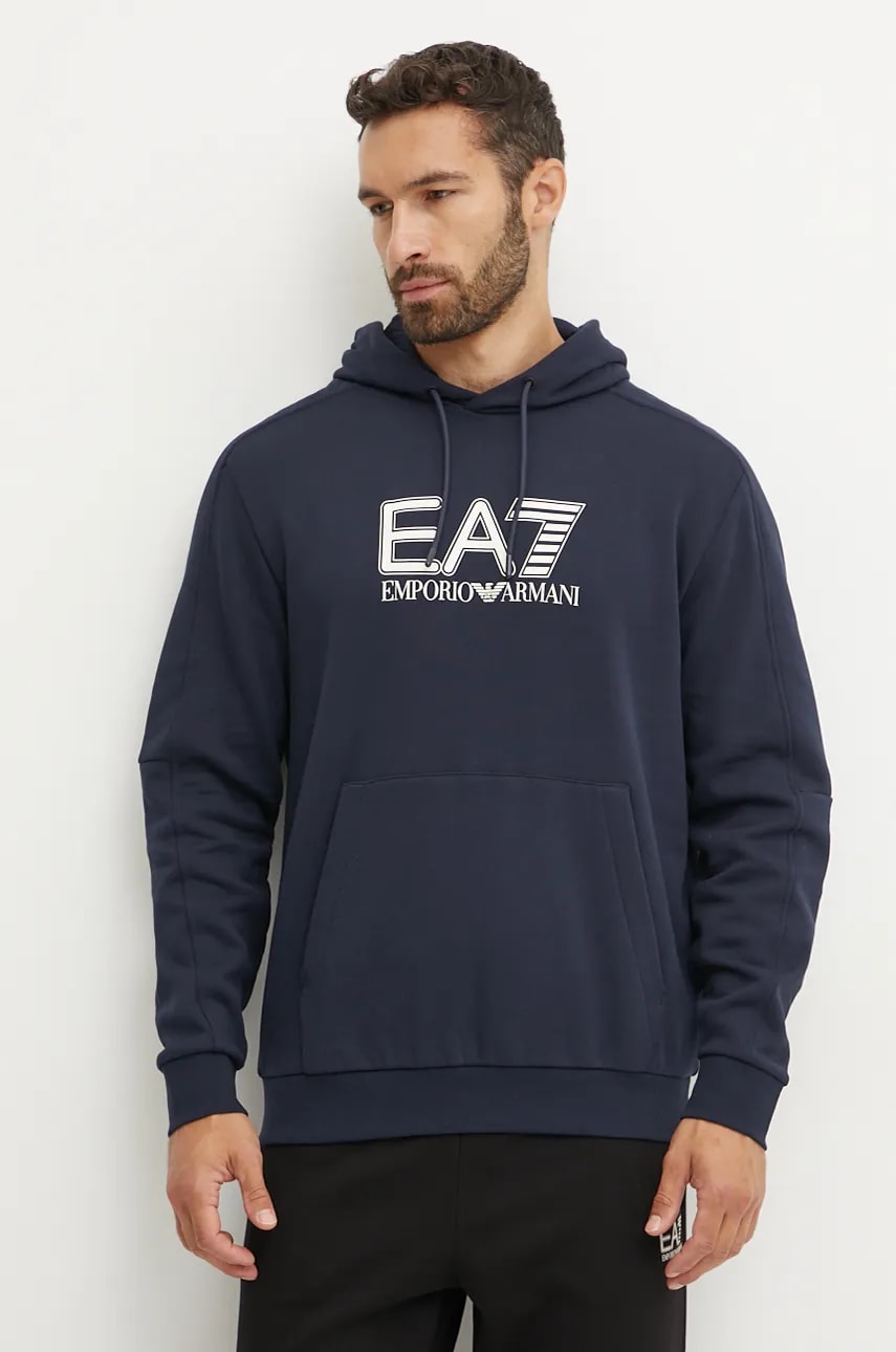 EA7 Emporio Armani bluza barbati, culoarea albastru marin, cu gluga, cu imprimeu, PJVTZ.6DPM02