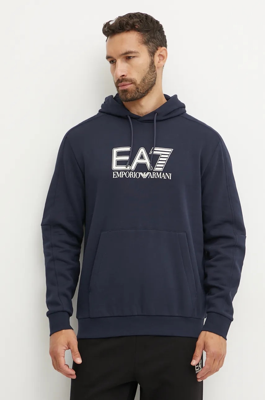 EA7 Emporio Armani bluza barbati, culoarea albastru marin, cu glugă, cu imprimeu, PJVTZ.6DPM02