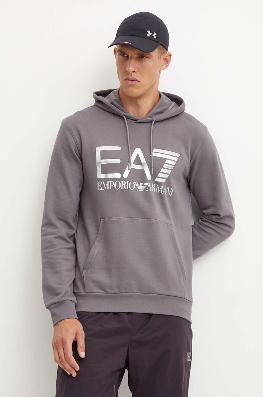 EA7 Emporio Armani hanorac de bumbac barbati, culoarea gri, cu gluga, cu imprimeu, PJSHZ.6DPM16