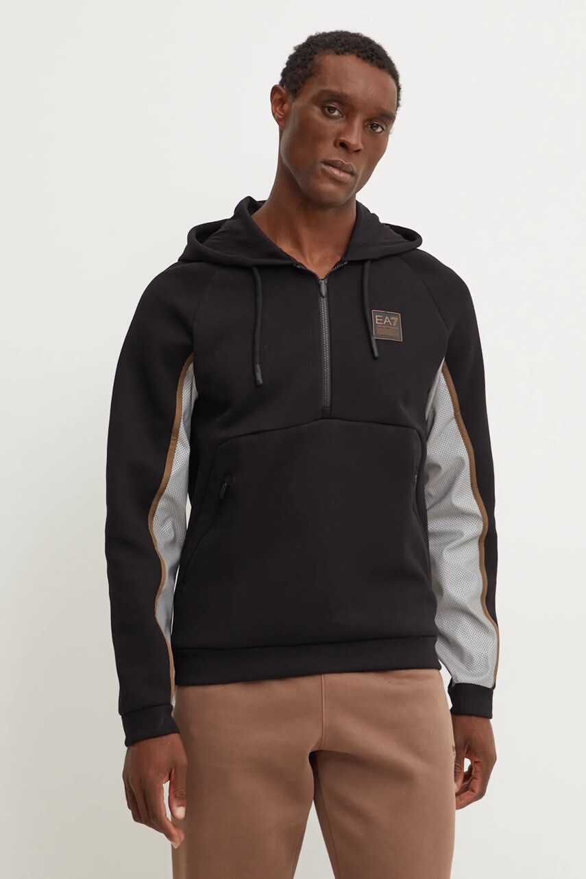 Levně Mikina EA7 Emporio Armani pánská, černá barva, s kapucí, vzorovaná, PJODZ.6DPM37