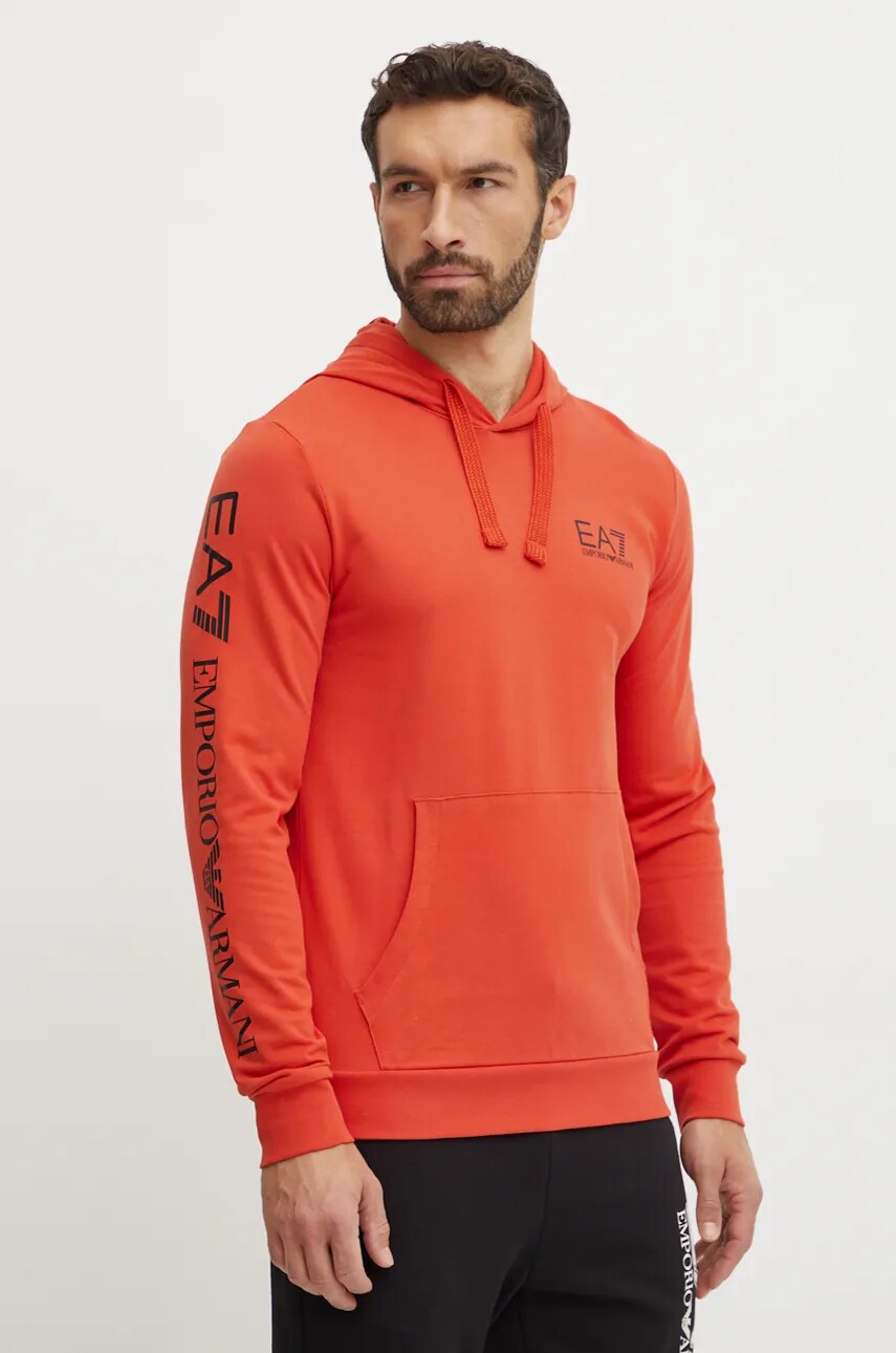 EA7 Emporio Armani hanorac de bumbac barbati, culoarea portocaliu, cu gluga, cu imprimeu, PJ05Z.8NPM18