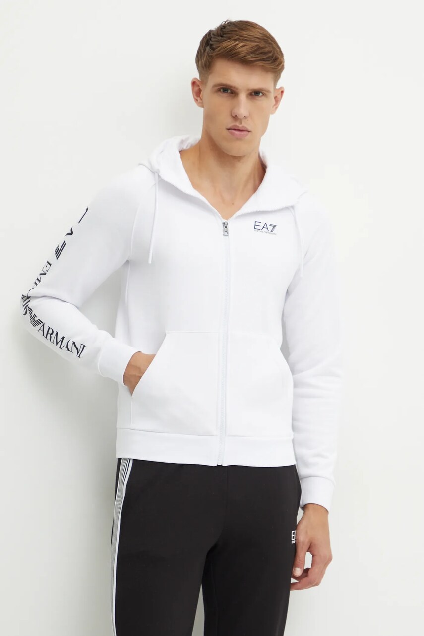 EA7 Emporio Armani bluza barbati, culoarea alb, cu glugă, cu imprimeu, PJ07Z.8NPM22