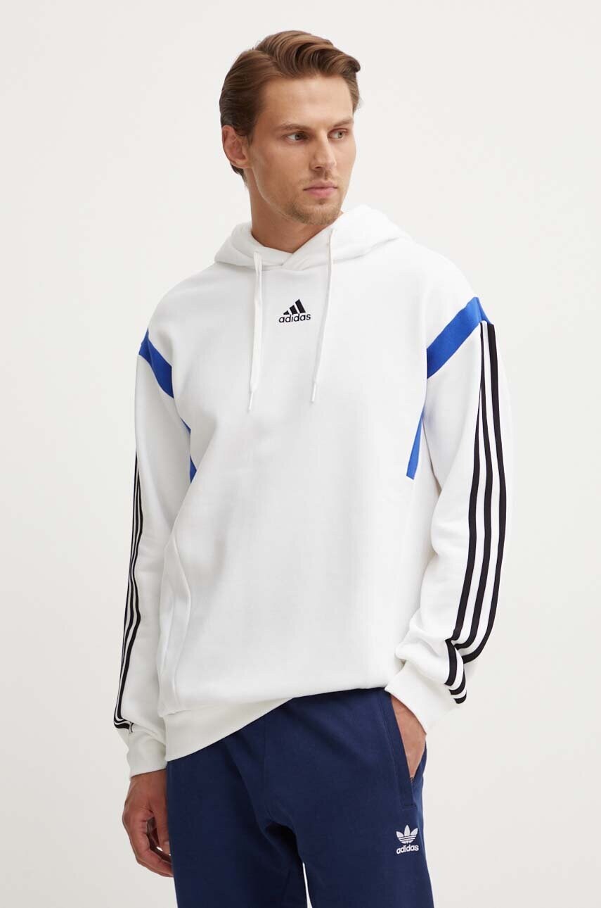 adidas bluza barbati, culoarea alb, cu glugă, cu imprimeu, JJ1538