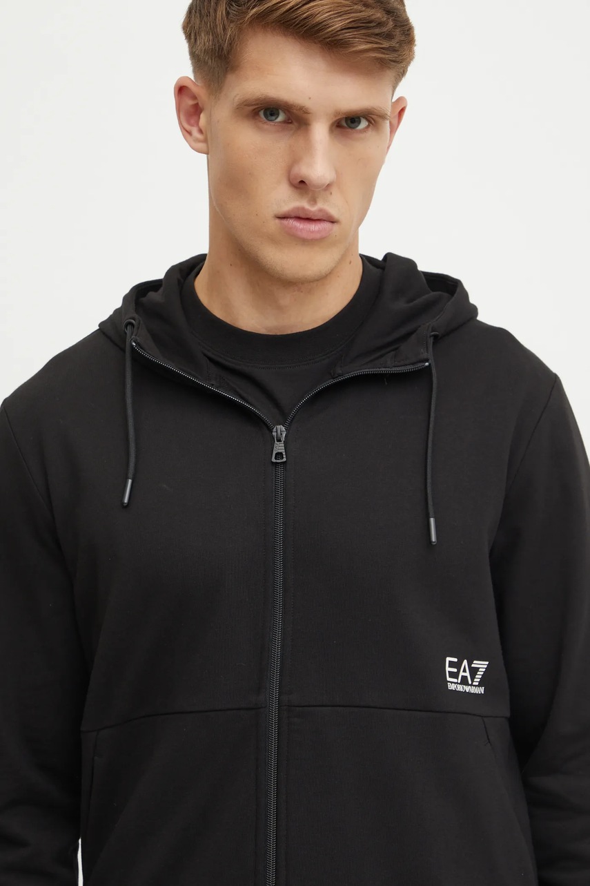 Бавовняна кофта EA7 Emporio Armani чоловіча колір чорний з капюшоном з аплікацією AF11971.7M000001 