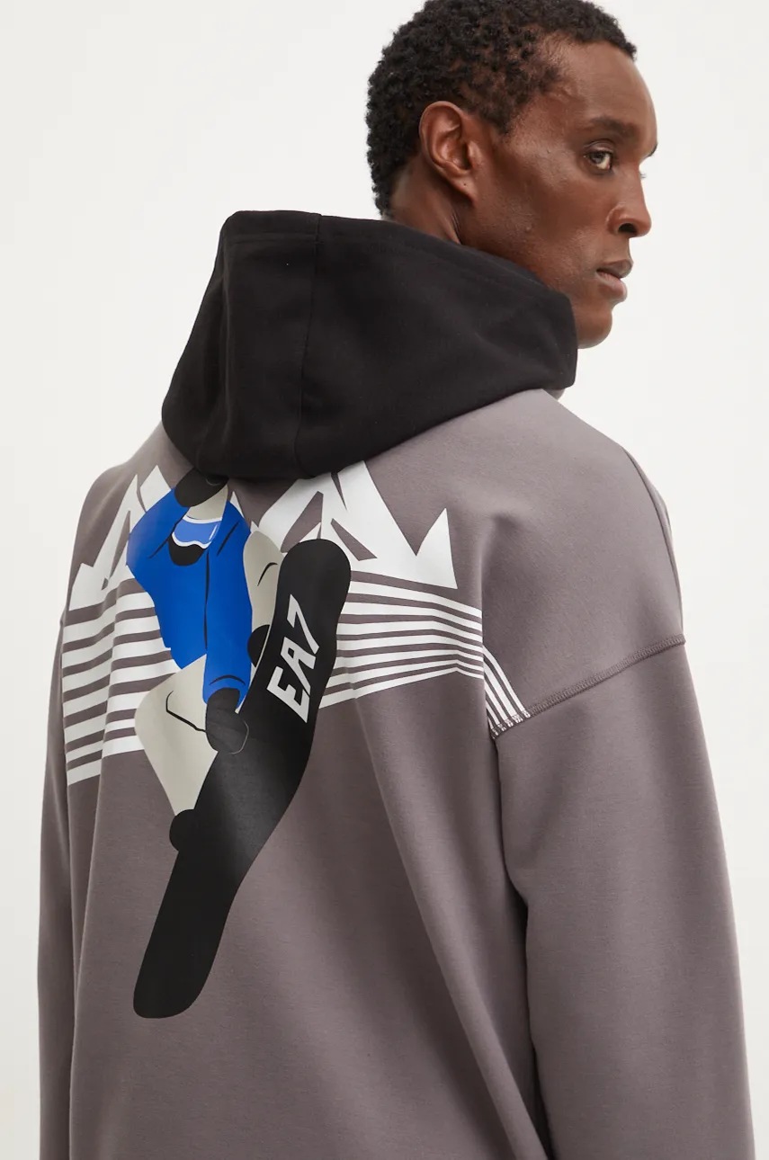 EA7 Emporio Armani bluză bărbați, culoarea gri, cu glugă, cu imprimeu, AF10443.7M000020