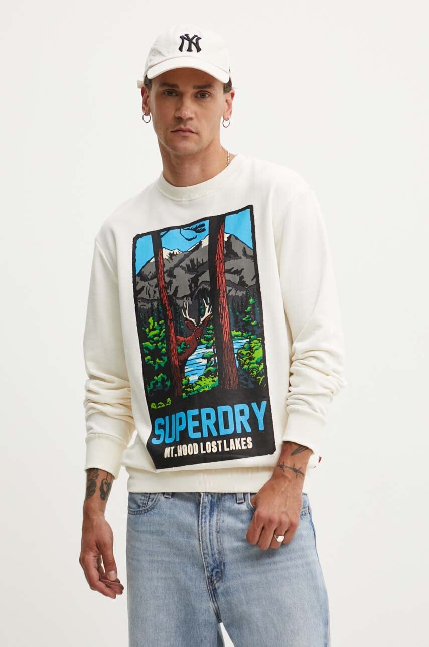 Superdry hanorac de bumbac barbati, culoarea bej, cu imprimeu, M2014112A-2YW Superdry hanorac de bumbac barbati, culoarea bej, cu imprimeu, M2014112A-2YW