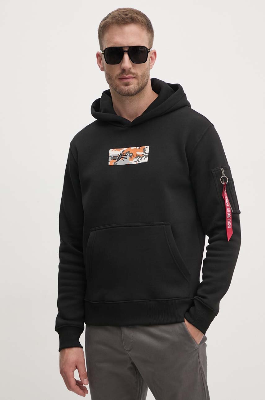 Alpha Industries bluza barbati, culoarea negru, cu glugă, cu imprimeu, 148338