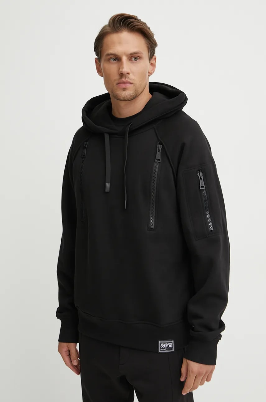Levně Bavlněná mikina Versace Jeans Couture pánská, černá barva, s kapucí, hladká, 77GAI307 F0002