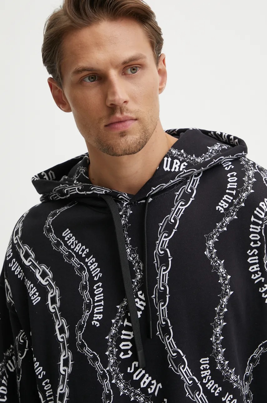 Бавовняна кофта Versace Jeans Couture чоловіча колір чорний з капюшоном візерунок 77GAI3L0 FS160 
