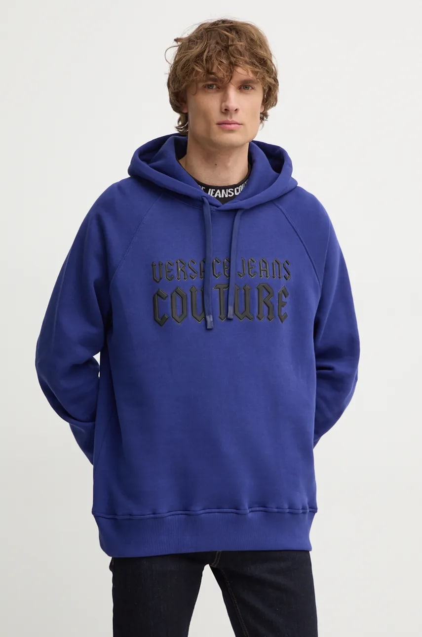 Versace Jeans Couture hanorac de bumbac barbati, culoarea albastru marin, cu glugă, cu imprimeu, 77GAIL02 CF02L Versace Jeans Couture hanorac de bumbac barbati, culoarea albastru marin, cu glugă, cu imprimeu, 77GAIL02 CF02L