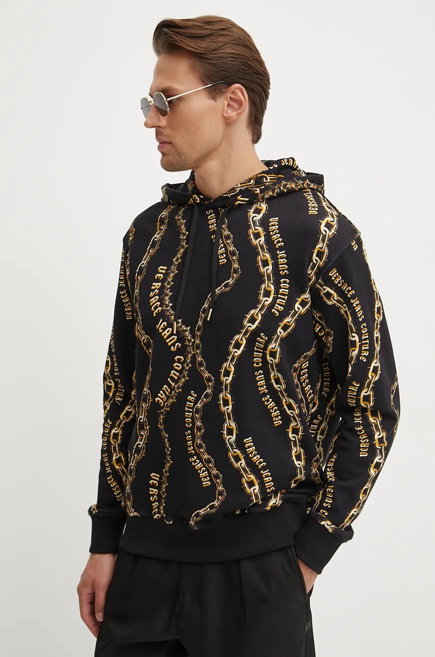 Levně Bavlněná mikina Versace Jeans Couture pánská, černá barva, s kapucí, vzorovaná, 77GAI3H0 FS160