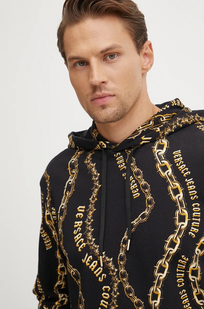 Бавовняна кофта Versace Jeans Couture чоловіча колір чорний з капюшоном візерунок 77GAI3H0 FS160 