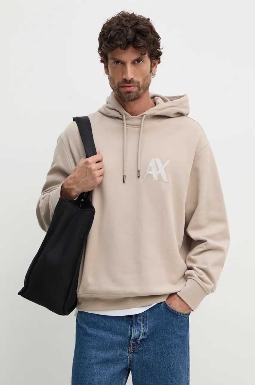 Armani Exchange hanorac de bumbac barbati, culoarea bej, cu glugă, cu imprimeu, 6DZMJE ZJ4XZ