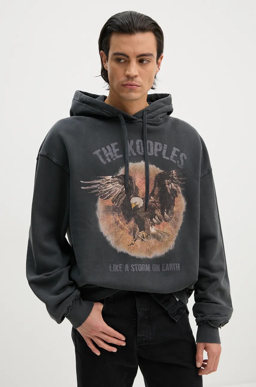 The Kooples hanorac de bumbac barbati, culoarea gri, cu glugă, cu imprimeu, HSWE29023K The Kooples hanorac de bumbac barbati, culoarea gri, cu glugă, cu imprimeu, HSWE29023K