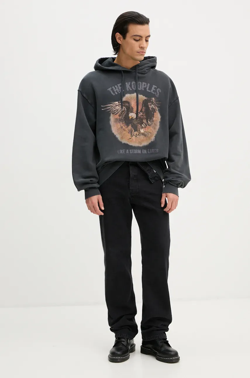 Хлопковая кофта The Kooples мужская цвет серый с капюшоном с принтом HSWE29023K Хлопковая кофта The Kooples мужская цвет серый с капюшоном с принтом HSWE29023K