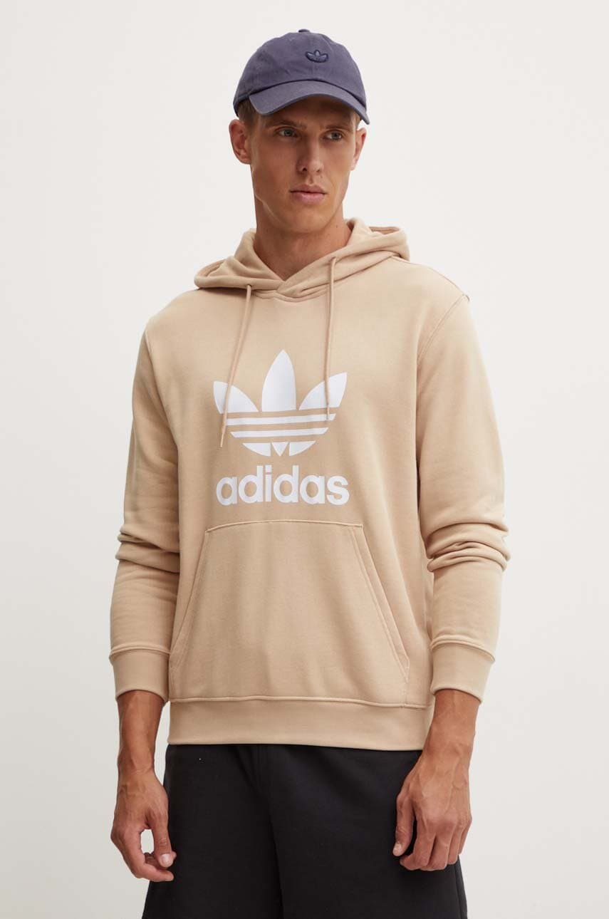 adidas Originals hanorac de bumbac barbati, culoarea bej, cu glugă, cu imprimeu, IZ2359