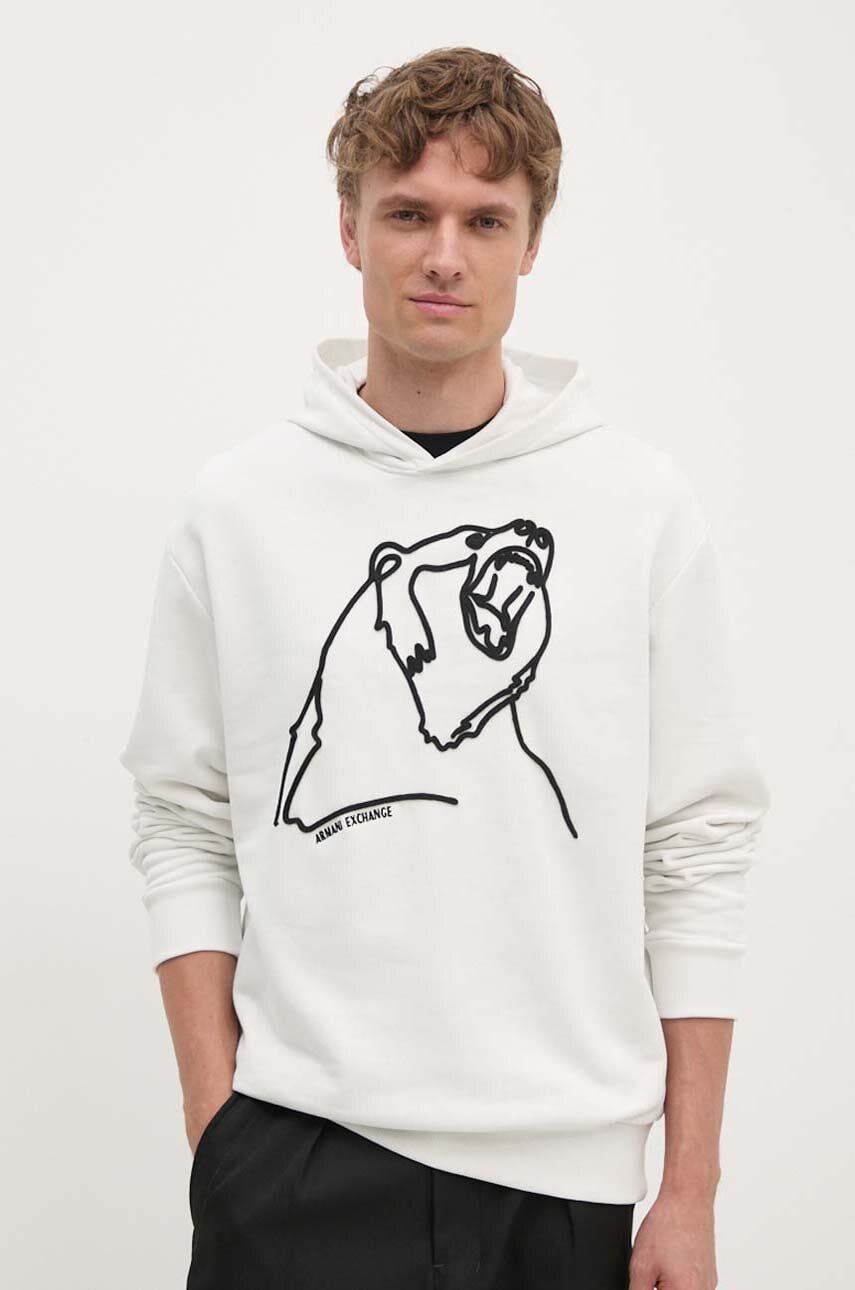 Armani Exchange hanorac de bumbac barbati, culoarea alb, cu glugă, cu imprimeu, XM000041 AF10858