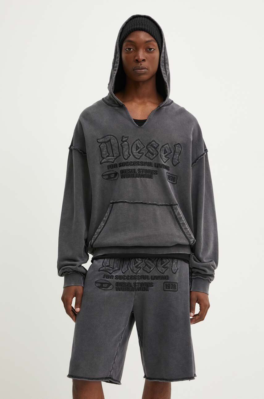 Diesel hanorac de bumbac S-BOXT-HOOD-RAW barbati, culoarea gri, cu glugă, cu imprimeu, A14861.0KMAG