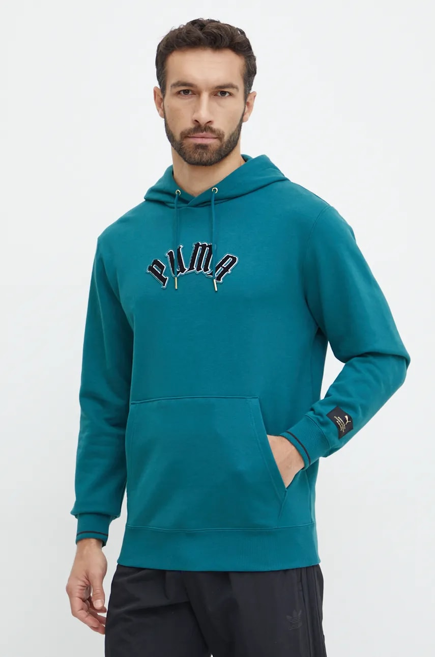Puma hanorac de bumbac Classics Play Paris Hoodie barbati, culoarea turcoaz, cu glugă, cu imprimeu, 626766 Puma hanorac de bumbac Classics Play Paris Hoodie barbati, culoarea turcoaz, cu glugă, cu imprimeu, 626766