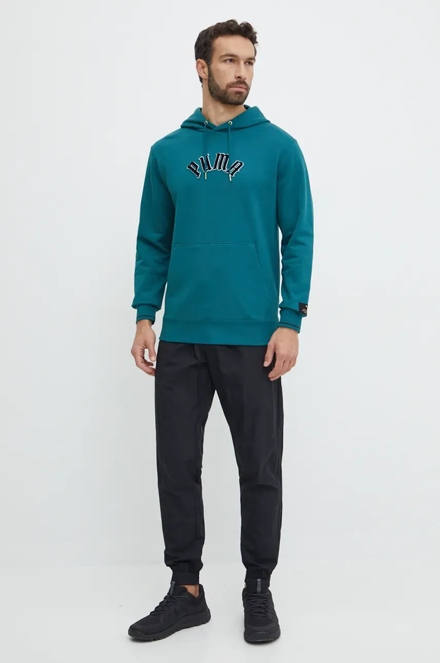 Хлопковая кофта Puma Classics Play Paris Hoodie мужская цвет бирюзовый с капюшоном с аппликацией 626766 Хлопковая кофта Puma Classics Play Paris Hoodie мужская цвет бирюзовый с капюшоном с аппликацией 626766