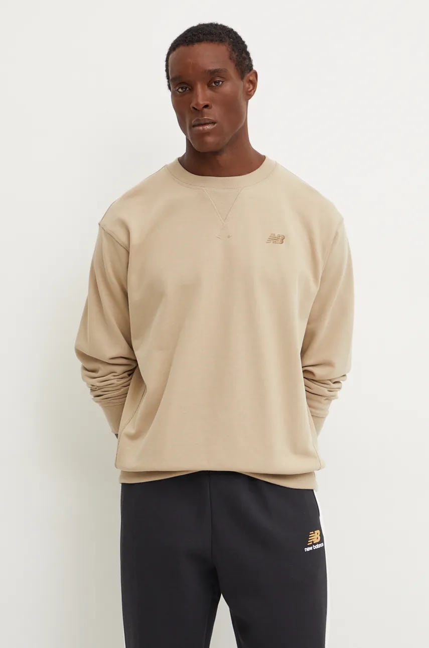 New Balance hanorac de bumbac Athletics French Terry Crew barbati, culoarea bej, neted, MT41506SOT New Balance hanorac de bumbac Athletics French Terry Crew barbati, culoarea bej, neted, MT41506SOT