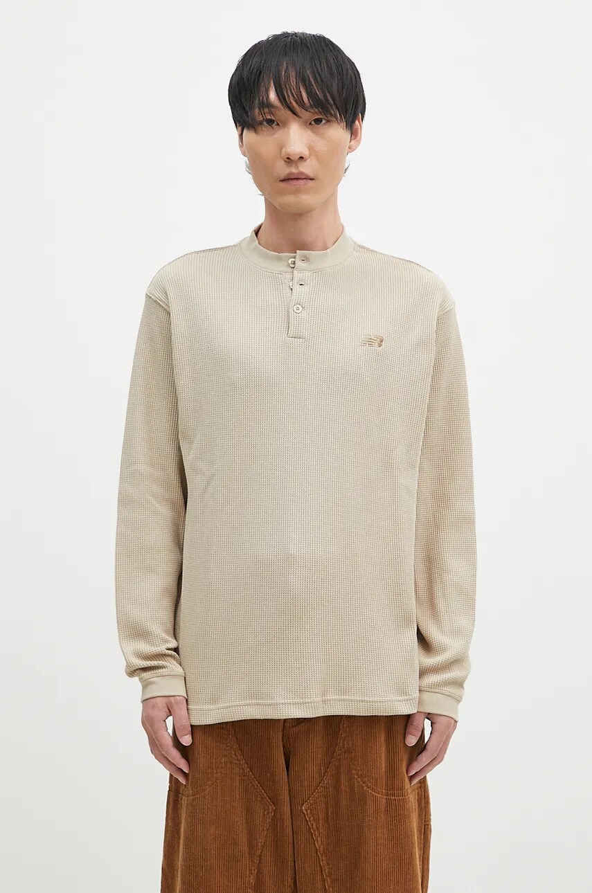 New Balance longsleeve Waffle Knit Long Sleeve Henley culoarea bej, neted, MT43514SOT