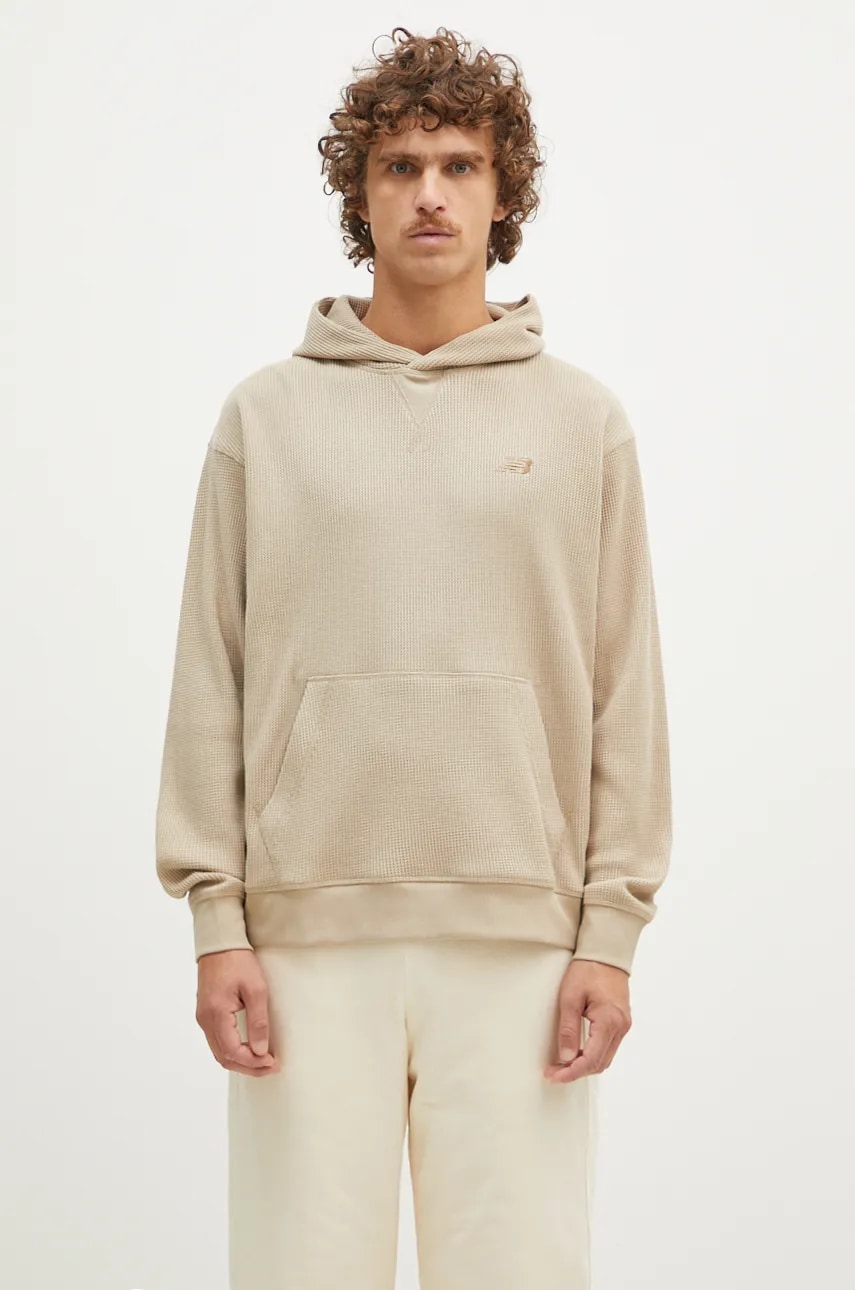 New Balance bluza Waffle Knit Hoodie barbati, culoarea bej, cu glugă, neted, MT43519SOT New Balance bluza Waffle Knit Hoodie barbati, culoarea bej, cu glugă, neted, MT43519SOT