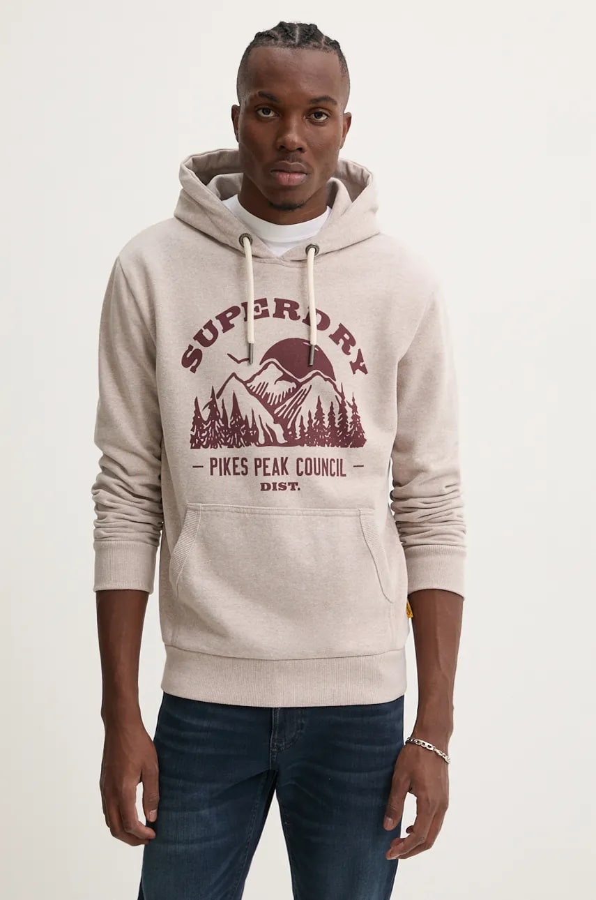 Superdry bluza barbati, culoarea bej, cu glugă, cu imprimeu, M2013699A-2AH Superdry bluza barbati, culoarea bej, cu glugă, cu imprimeu, M2013699A-2AH