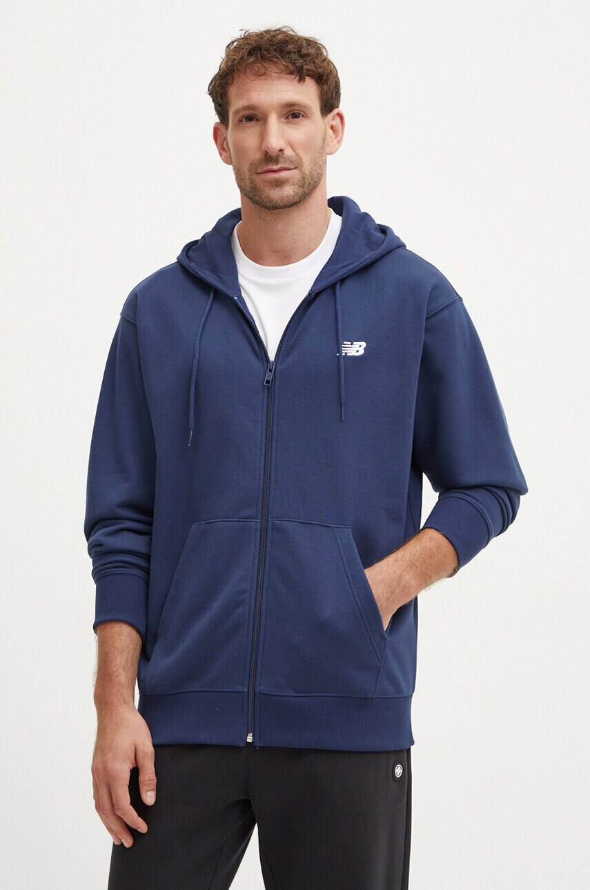 New Balance bluza barbati, culoarea albastru marin, cu glugă, neted, MJ41501NNY