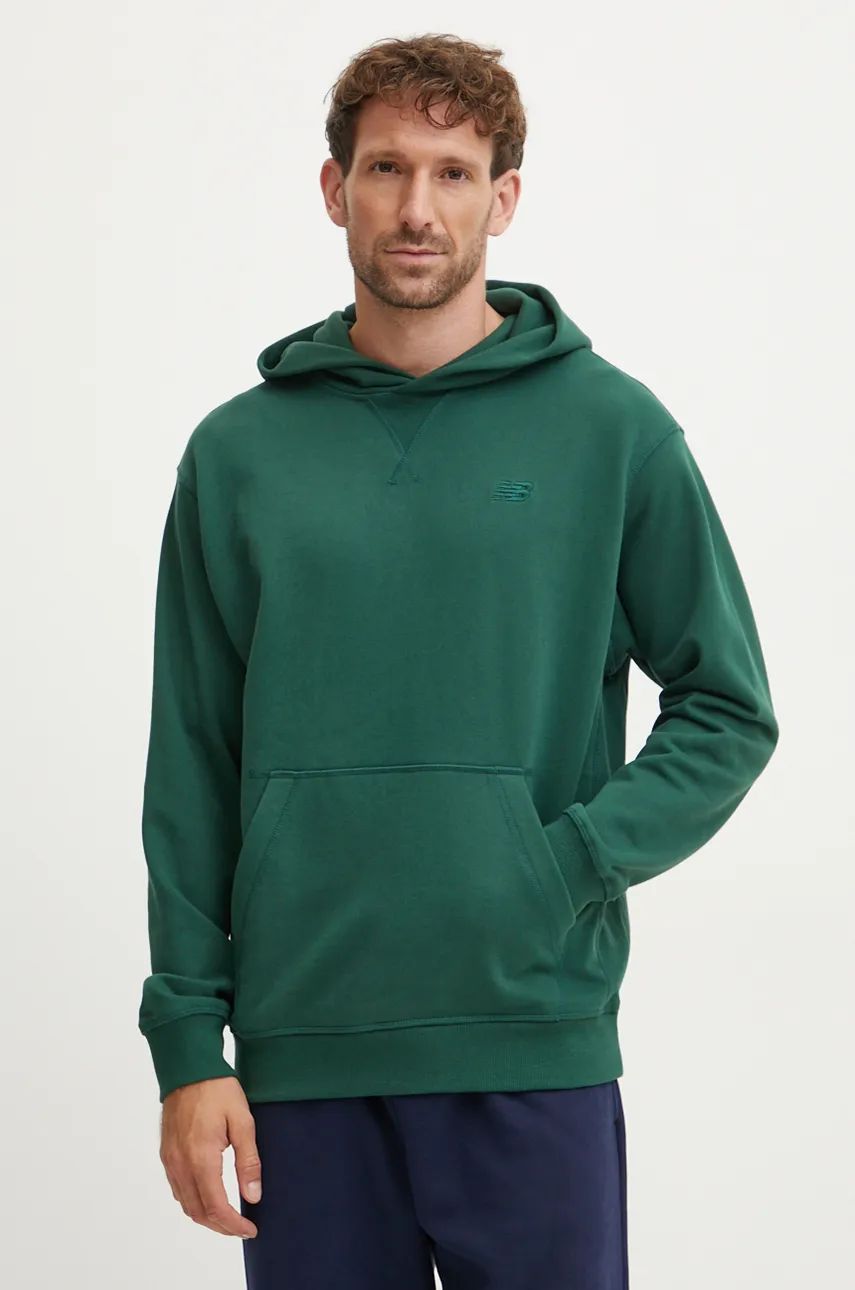 New Balance hanorac de bumbac barbati, culoarea verde, cu glugă, neted, MT41534NWG