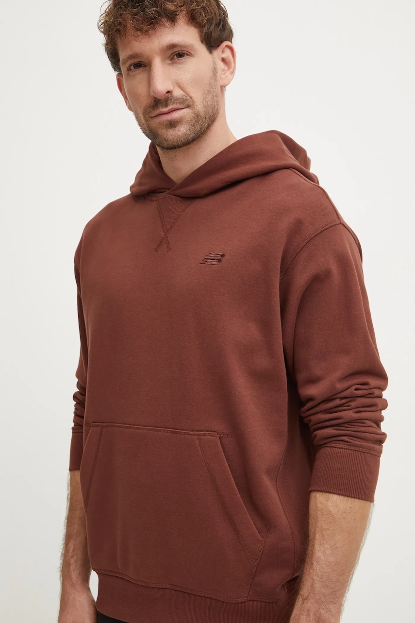 New Balance hanorac de bumbac bărbați, culoarea maro, cu glugă, uni, MT41534ROK New Balance hanorac de bumbac bărbați, culoarea maro, cu glugă, uni, MT41534ROK