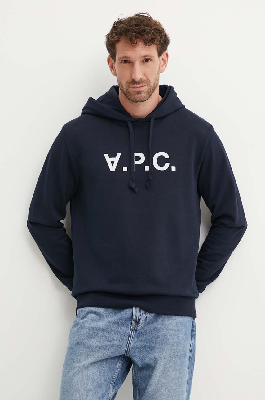 A.P.C. hanorac de bumbac hoodie standard grand vpc GOTS culoarea albastru marin, cu glugă, cu imprimeu, COHBN.M27908