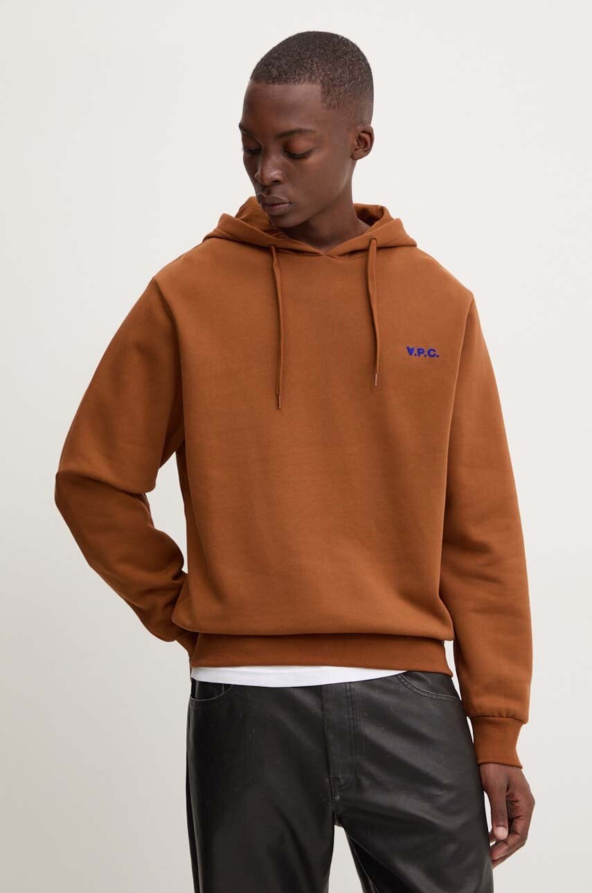 A.P.C. hanorac de bumbac hoodie boxy petit vpc barbati, culoarea maro, cu glugă, cu imprimeu, COHBR.H27917